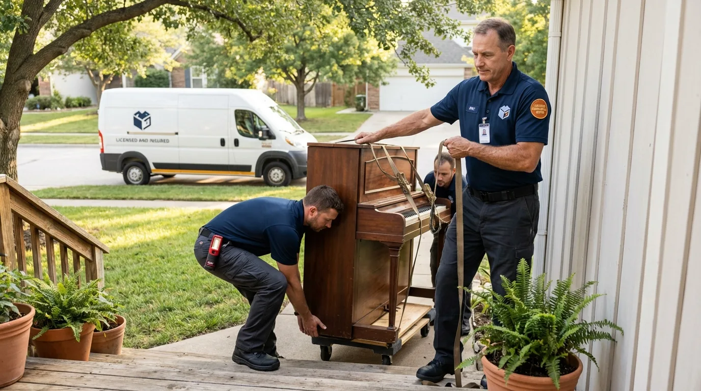 Licensed piano movers securing grand piano in Mystic, CT