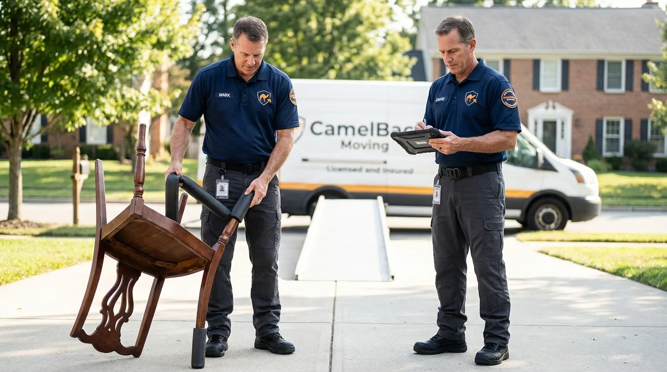 Movers inspecting furniture for damage prevention before loading in Mystic, CT