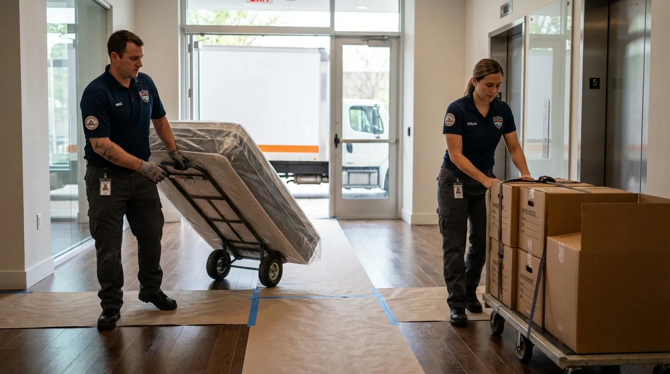 Professional apartment movers loading elevator in Mystic, CT