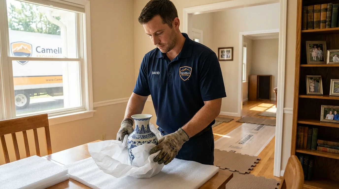 Professional crew carefully wrapping antique vase for senior downsizing move in Mystic, CT